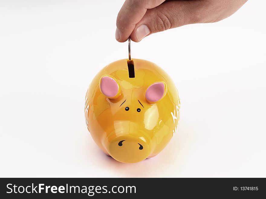 Piggy bank being loaded with coin