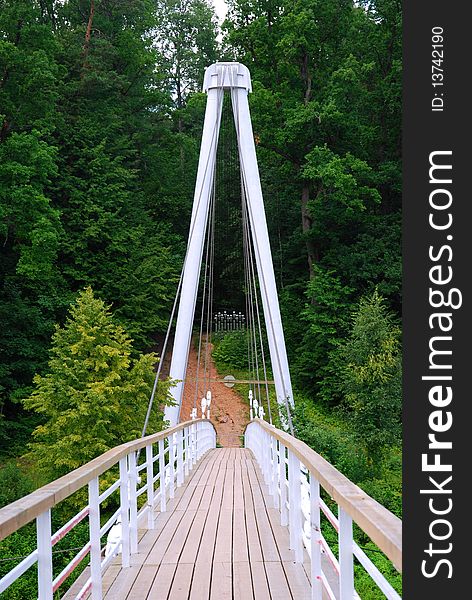 The hanging footbridge over Gauja river to the woods, Sigulda, Latvia