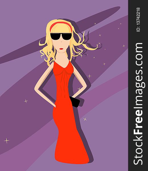 Blonde girl in a red dress and sunglasses. Blonde girl in a red dress and sunglasses
