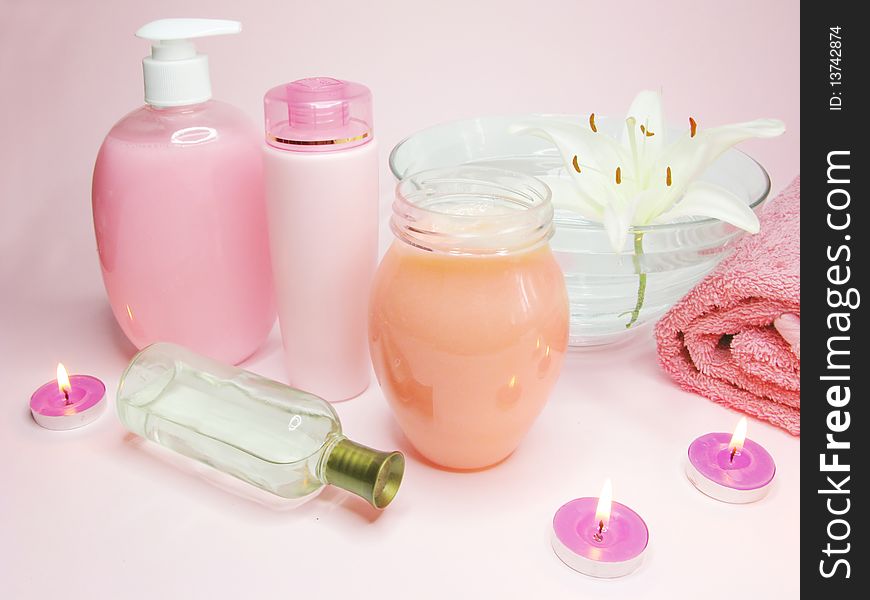 Spa hair mask creme liquid soap candles towel essences and white lily. Spa hair mask creme liquid soap candles towel essences and white lily
