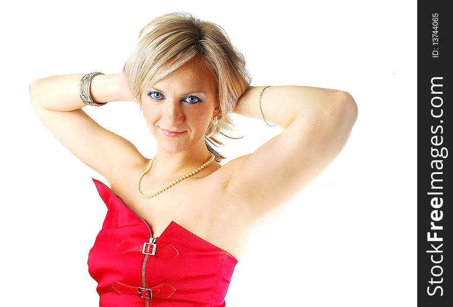 Attractive happy woman in red modern dress portrait isolated on the white background.