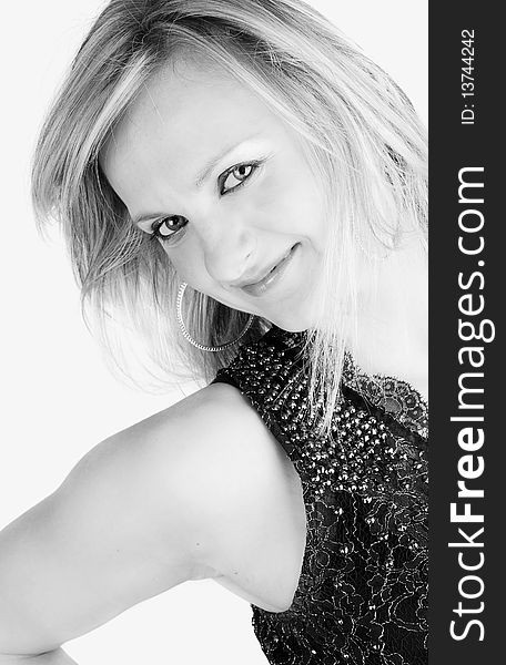 Attractive woman in modern dress black and white portrait emotional happy isolated on the white background.