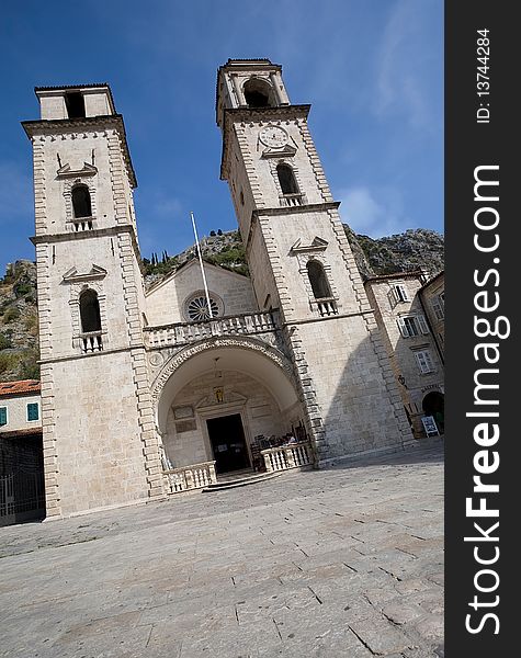 Montenegro, Kotor, Cathedral of Saint Tryphon in clear weather. Montenegro, Kotor, Cathedral of Saint Tryphon in clear weather.