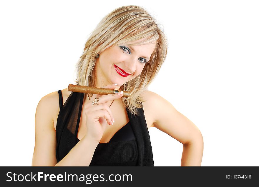 Blond girl with cigar with red lips  smiling isolated on the white.