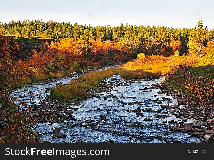 River of Tersky bank of Kola peninsula last of september sunny day. River of Tersky bank of Kola peninsula last of september sunny day