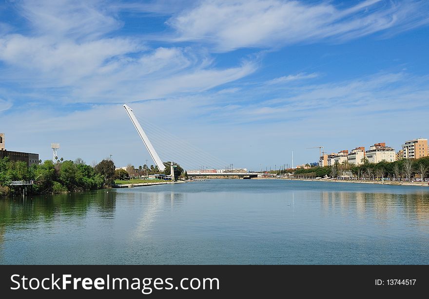 The Alamillo bridge, crossing the  Guadalquivir River was constructed from 1989-1992 to provide access to the Expo '92 fair.Sevilla.Andalusia.Spain