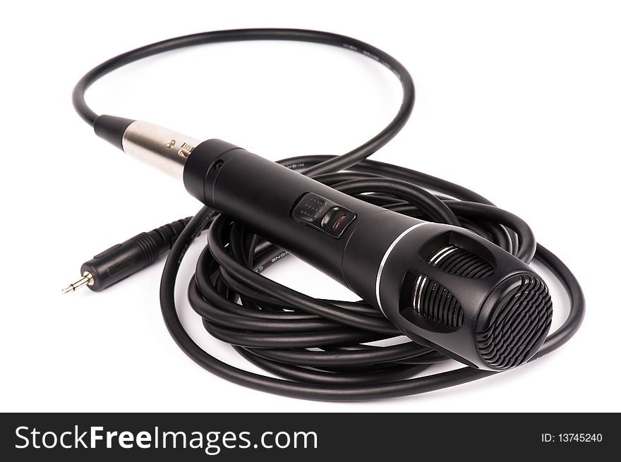 Black microphone.  Close-up, isolated on a white background
