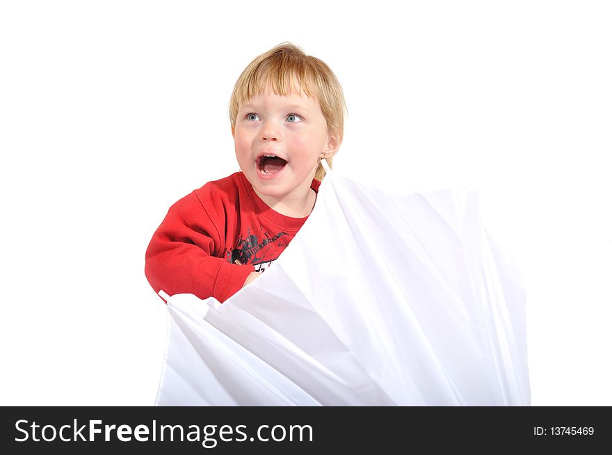 Child is happy with umbrella on white isolate background. Child is happy with umbrella on white isolate background