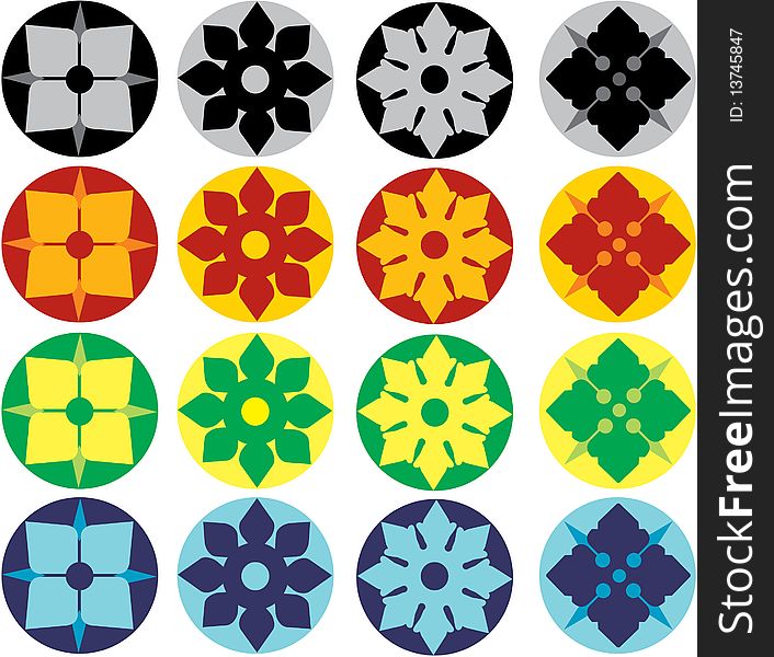 Four floral geometric japaniese chrests in four color schemes organazed as a square motive. Four floral geometric japaniese chrests in four color schemes organazed as a square motive