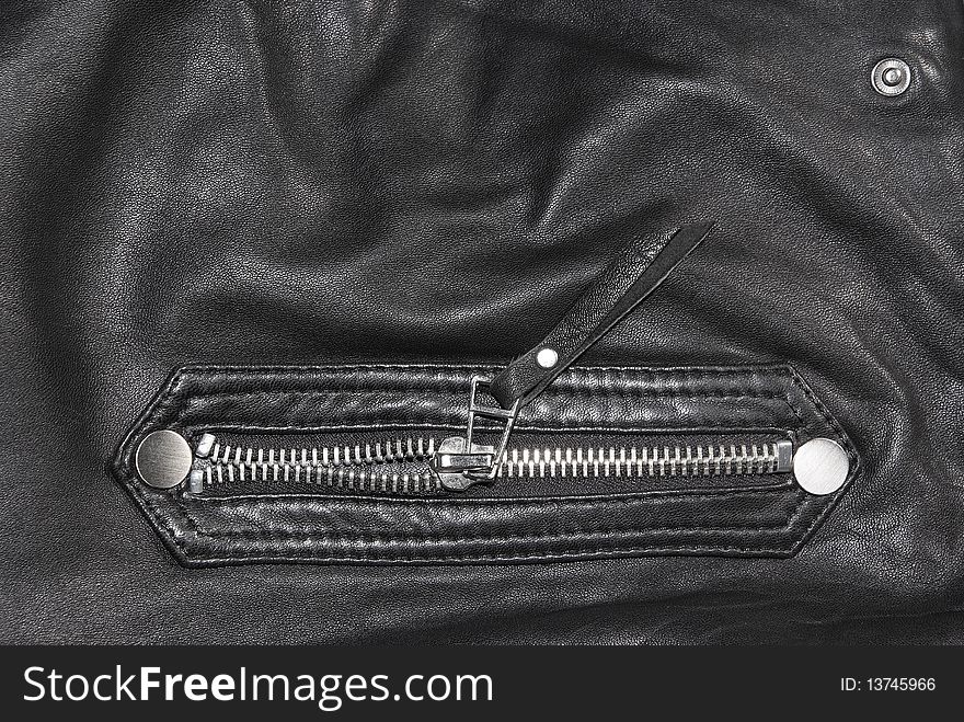 The details of a black leather jacket。Very nice metal zipper。