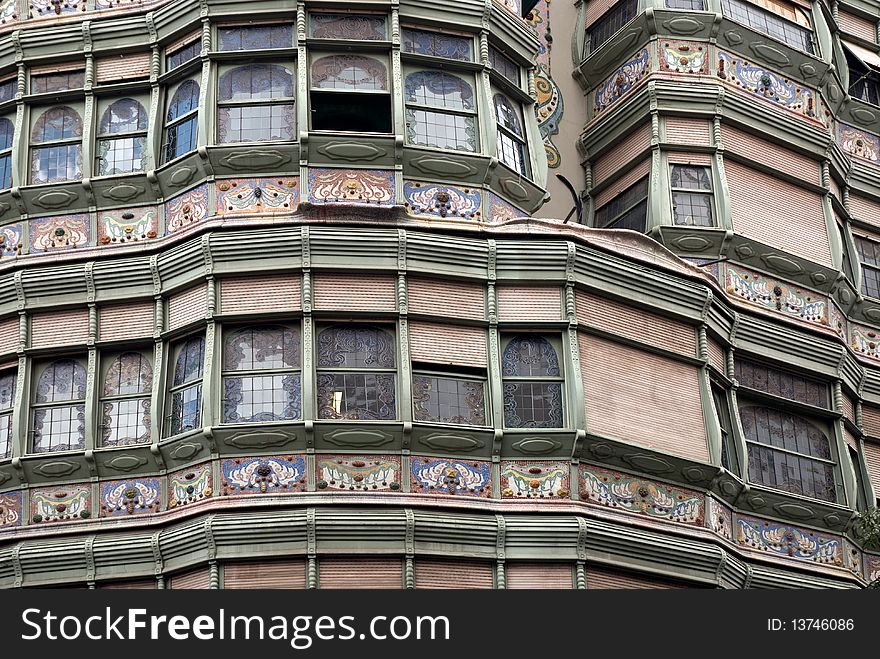 Detail of the facade of Casa Comalat in Barcelona, Spain
