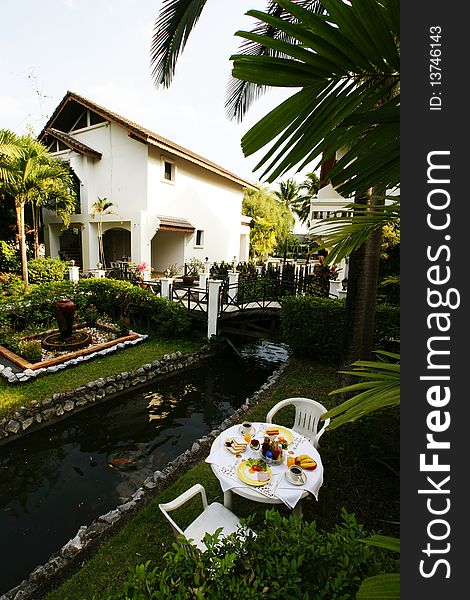 Breakfast set in house garden