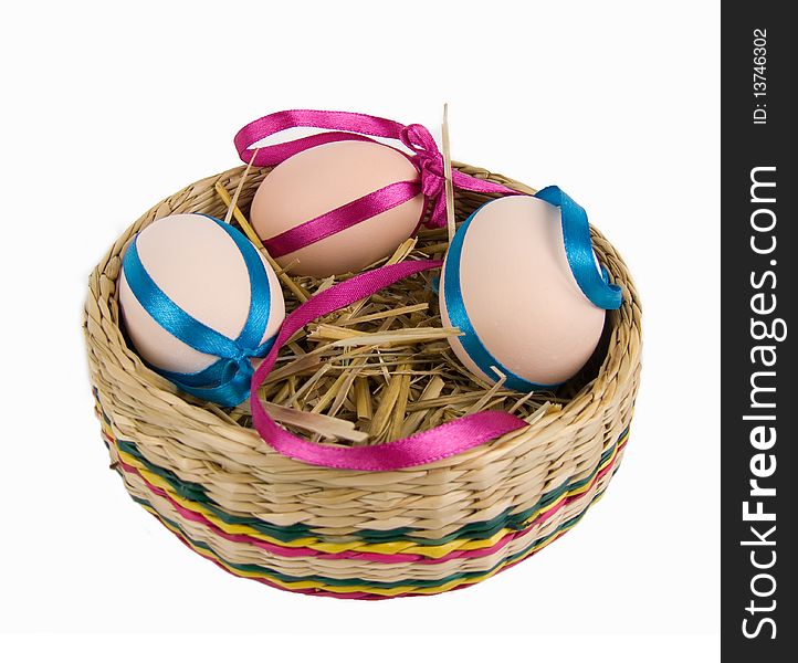 Easter basket with eggs on a white background.