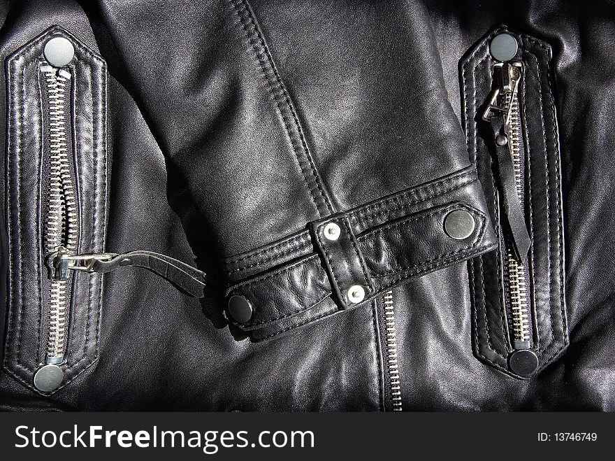 The details of a black leather jacketã€‚Very nice metal buttonã€‚