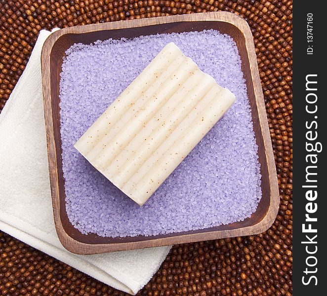 Serene scene from a spa treatment with lavendar bath salts and fine soap. Serene scene from a spa treatment with lavendar bath salts and fine soap.