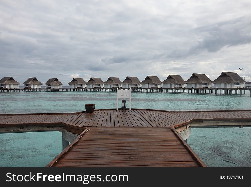 Beautiful panorama of tropical water villas