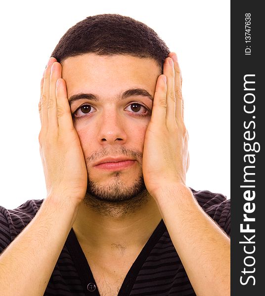 Portrait of a young man in agony, with a headache