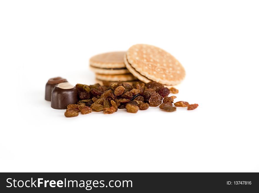 Sweet breakfast with biscuits raisins and candy. Sweet breakfast with biscuits raisins and candy