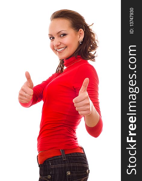 Happy young girl in the red on a white background