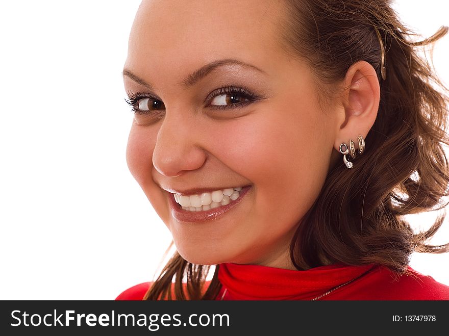 Happy young girl in the red on a white background. Happy young girl in the red on a white background