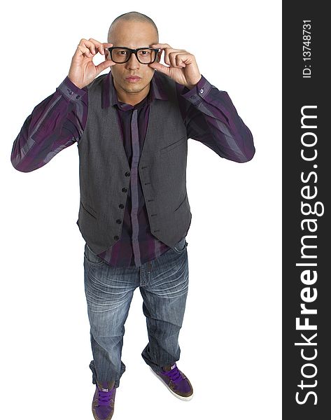 Young asian nerd styled model looking funny over white background. Young asian nerd styled model looking funny over white background.