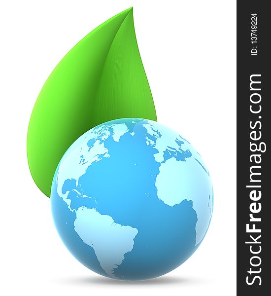 Blue globe with green leaf - environmental conservation concept. Blue globe with green leaf - environmental conservation concept