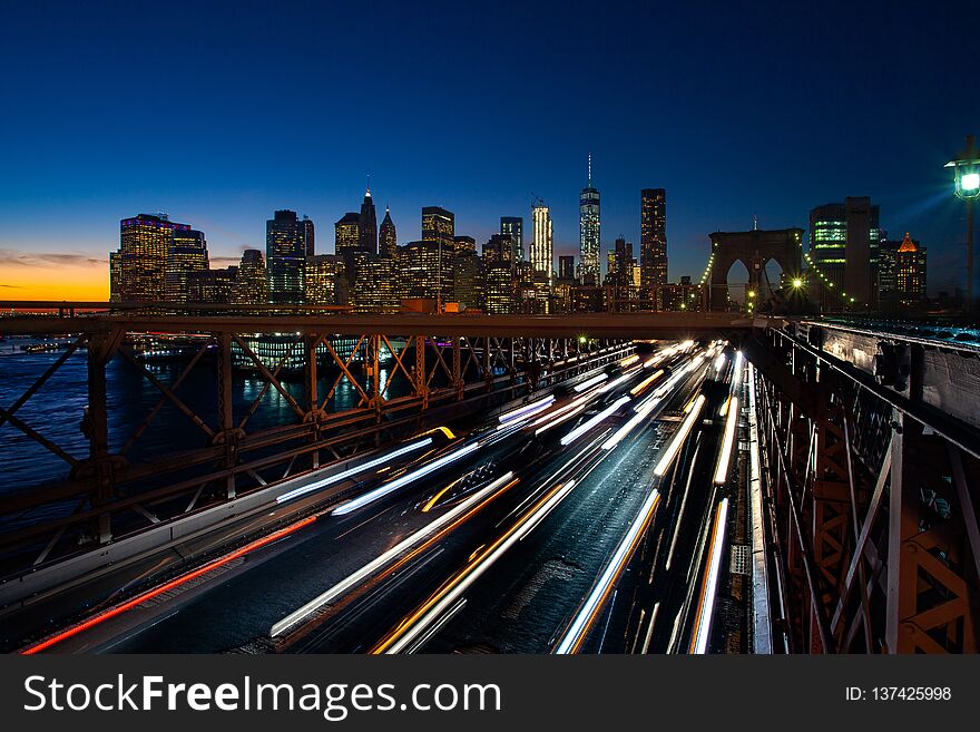 Busy traffic in New York City, Manhattan, Brooklyn Bridge, USA