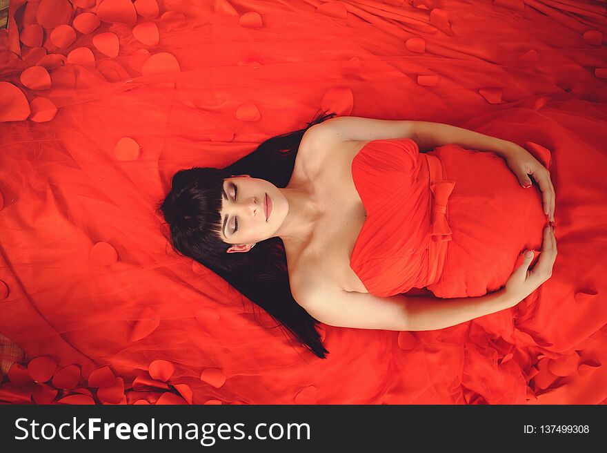 New concept of life. Pregnancy, motherhood and happiness. Closeup of pregnant woman in stylish elegant red dress on red background - Image