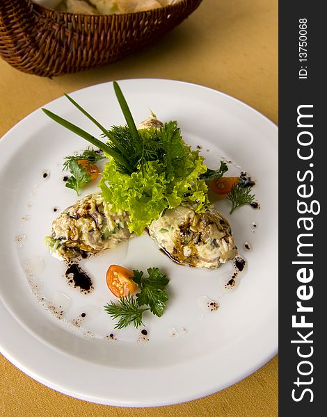 Salad served with green onions and fish restaurant