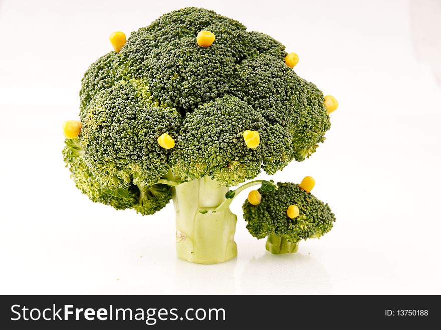 Broccoli tree with some corn fruits on white background - symbol of growth and crop