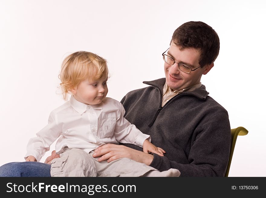 Man and child on white