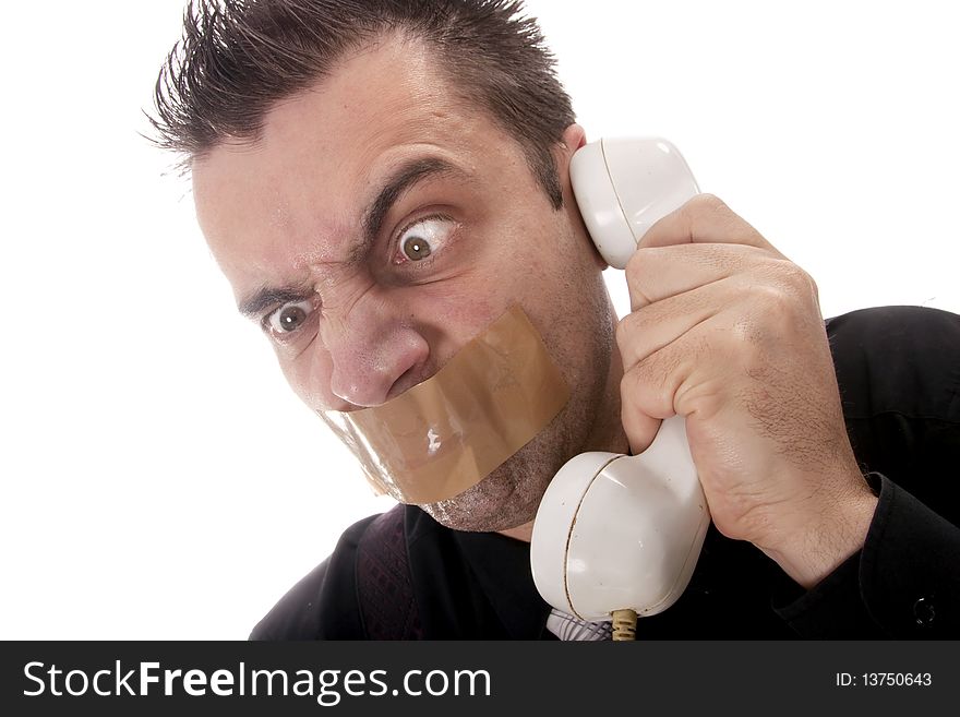 Funny businessman with tape on his mouth