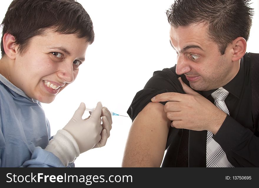 Funny young man scared of injections