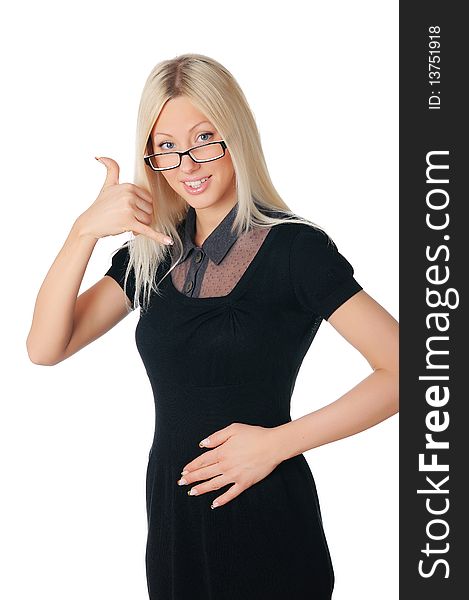 Young charming blonde in a dark dress with glasses