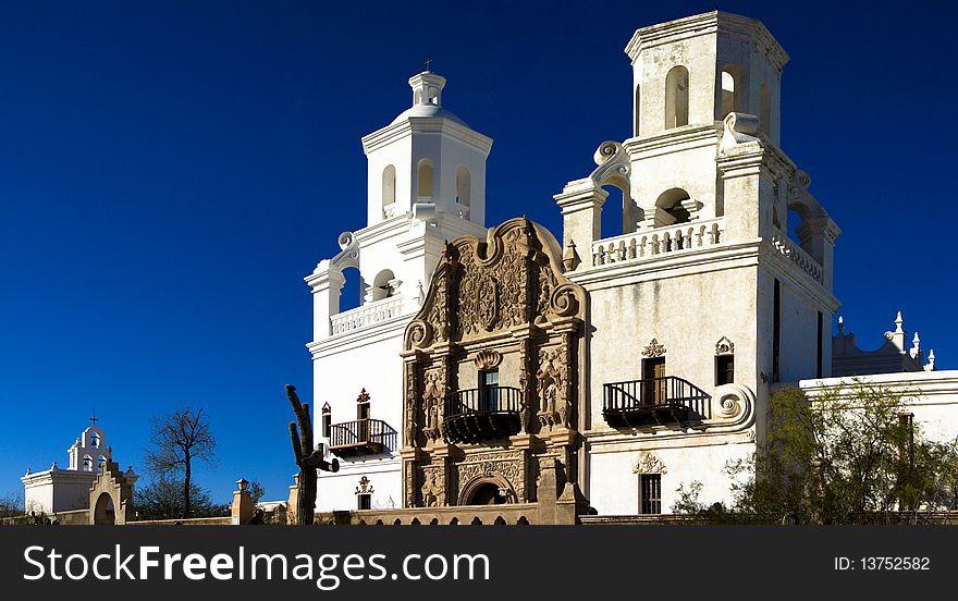 Exterior of the San Xavier del Bac mission church (partial panoramic)
