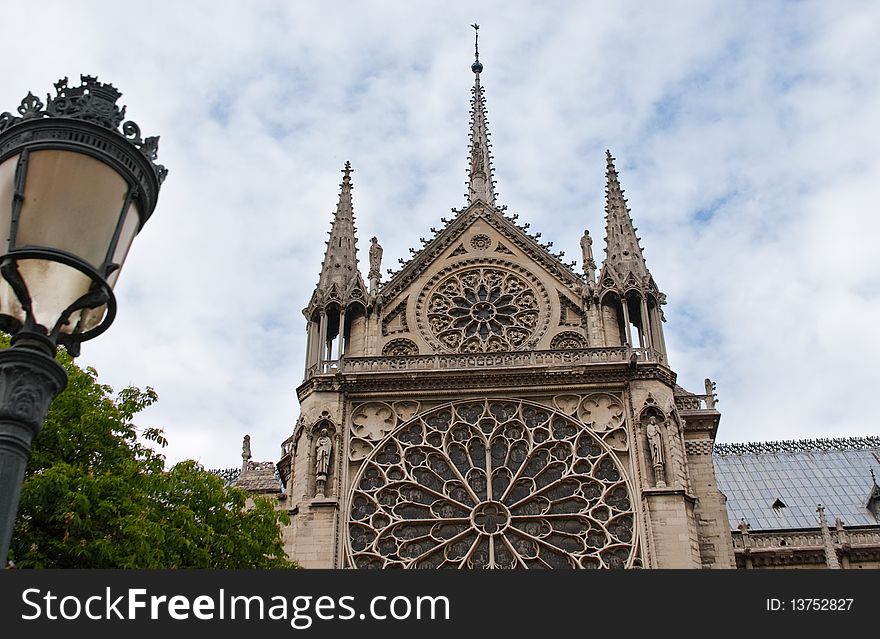 View of the Notre Dame Cathedral in Paris in the summer