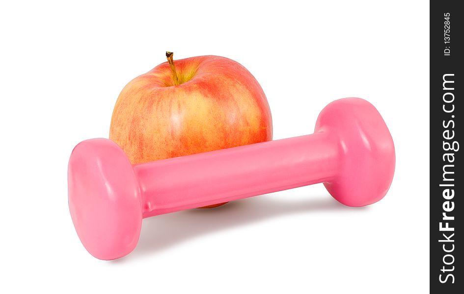 One dumbbell and red apple on a white background. One dumbbell and red apple on a white background