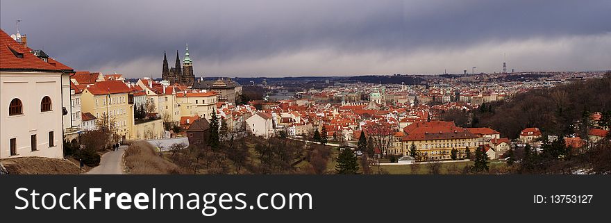 Beautiful panoramic view of Prague and St. Vitus' Cathedral in the distance. Photo acquired from the Benedictine monastery. Beautiful panoramic view of Prague and St. Vitus' Cathedral in the distance. Photo acquired from the Benedictine monastery