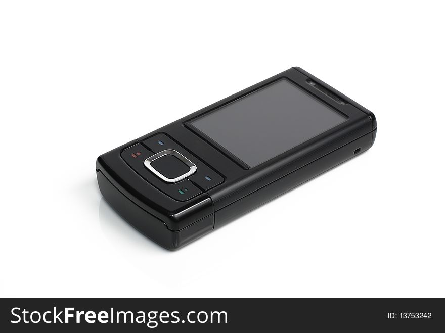 Black shiny cell phone with a blank screen on white background