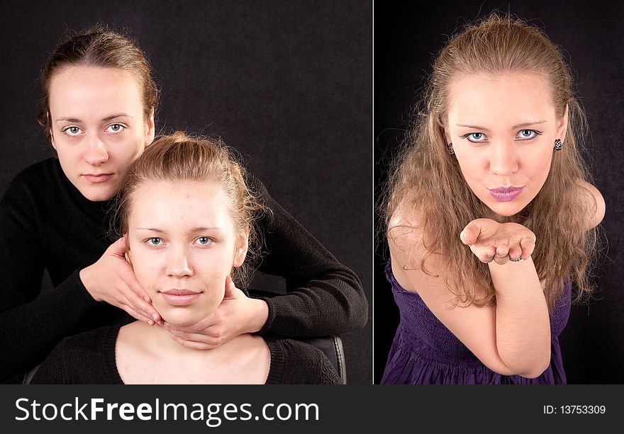 Portrait of a young playful girl on a party. before and after applying makeup. Portrait of a young playful girl on a party. before and after applying makeup.