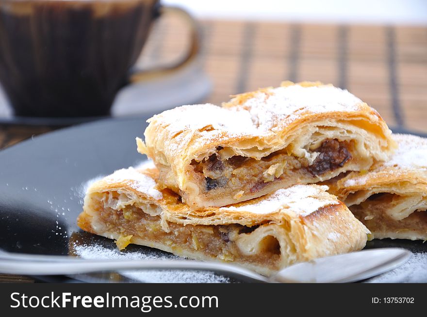 Apple pie on plate with coffee. Apple pie on plate with coffee