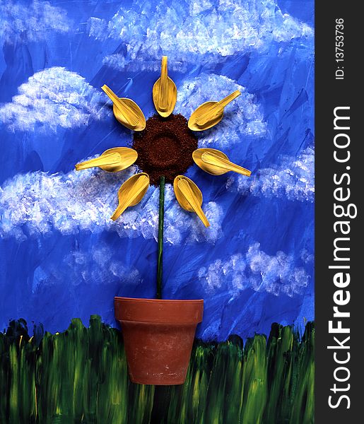 Coffee sunflower on sky hand painted background. Coffee sunflower on sky hand painted background