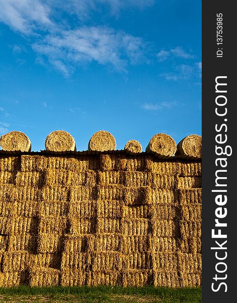 Bale of straw with blue sky