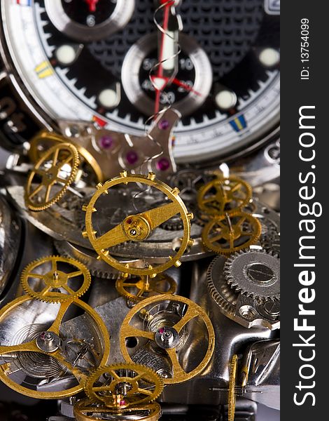 Mechanism is of disassembled wristwatch. Macro shooting