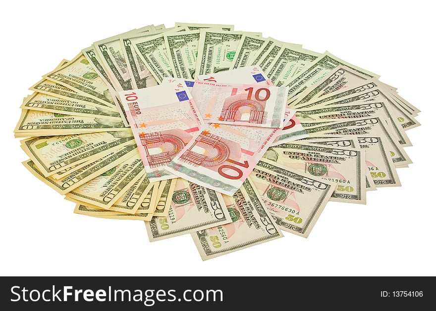 Dollars and few euros isolated on white. Dollars and few euros isolated on white