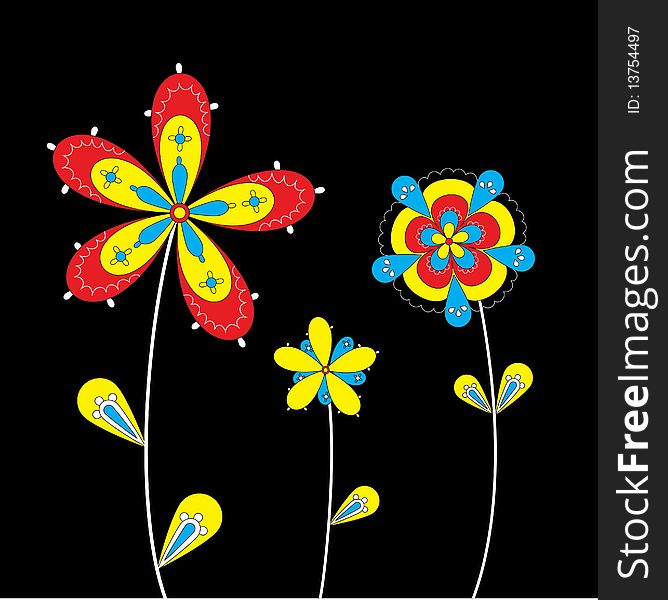 Three flowers on black background