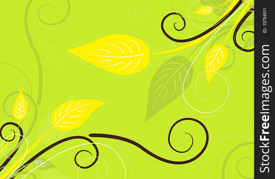 Green spring background with leaves and curly branches