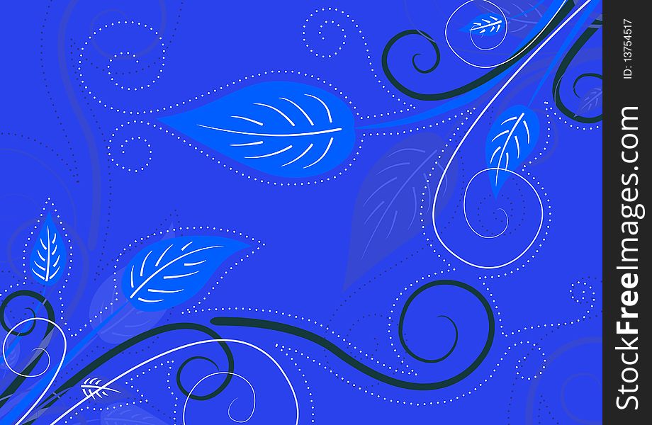 Blue spring background with leaves and curly branches