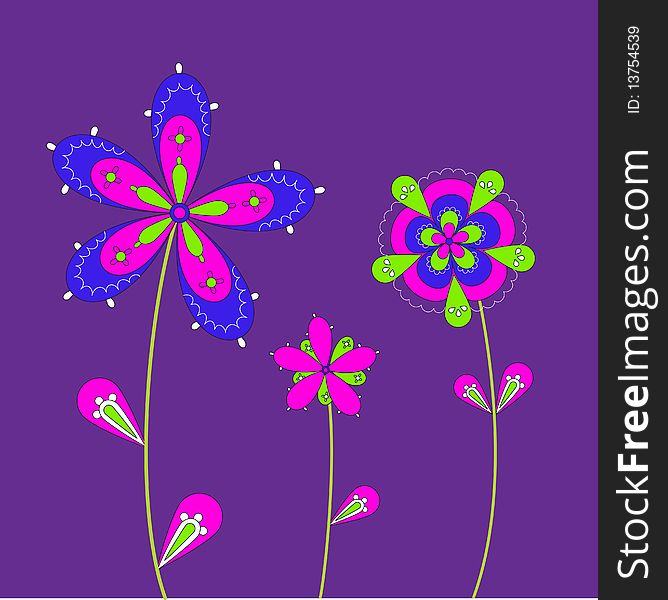Three flowers on violet background