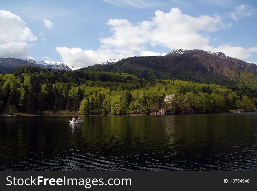 Lake Bohinj, Slovenia, with small boat. Lake Bohinj, Slovenia, with small boat